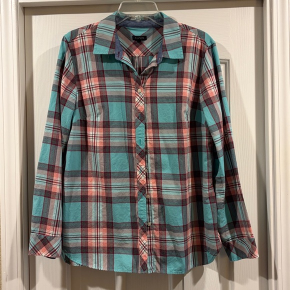 Talbots Tops - Talbots Plaid Button-Down Shirt in Teal and Coral Womens L like new